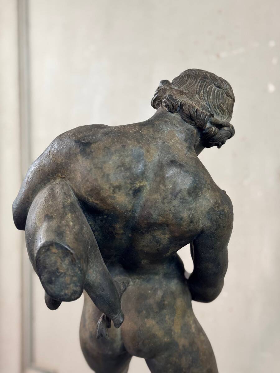 Faun with a Wineskin, Large Bronze Patina Excavated, Object from the Grand Tour, 19th Century