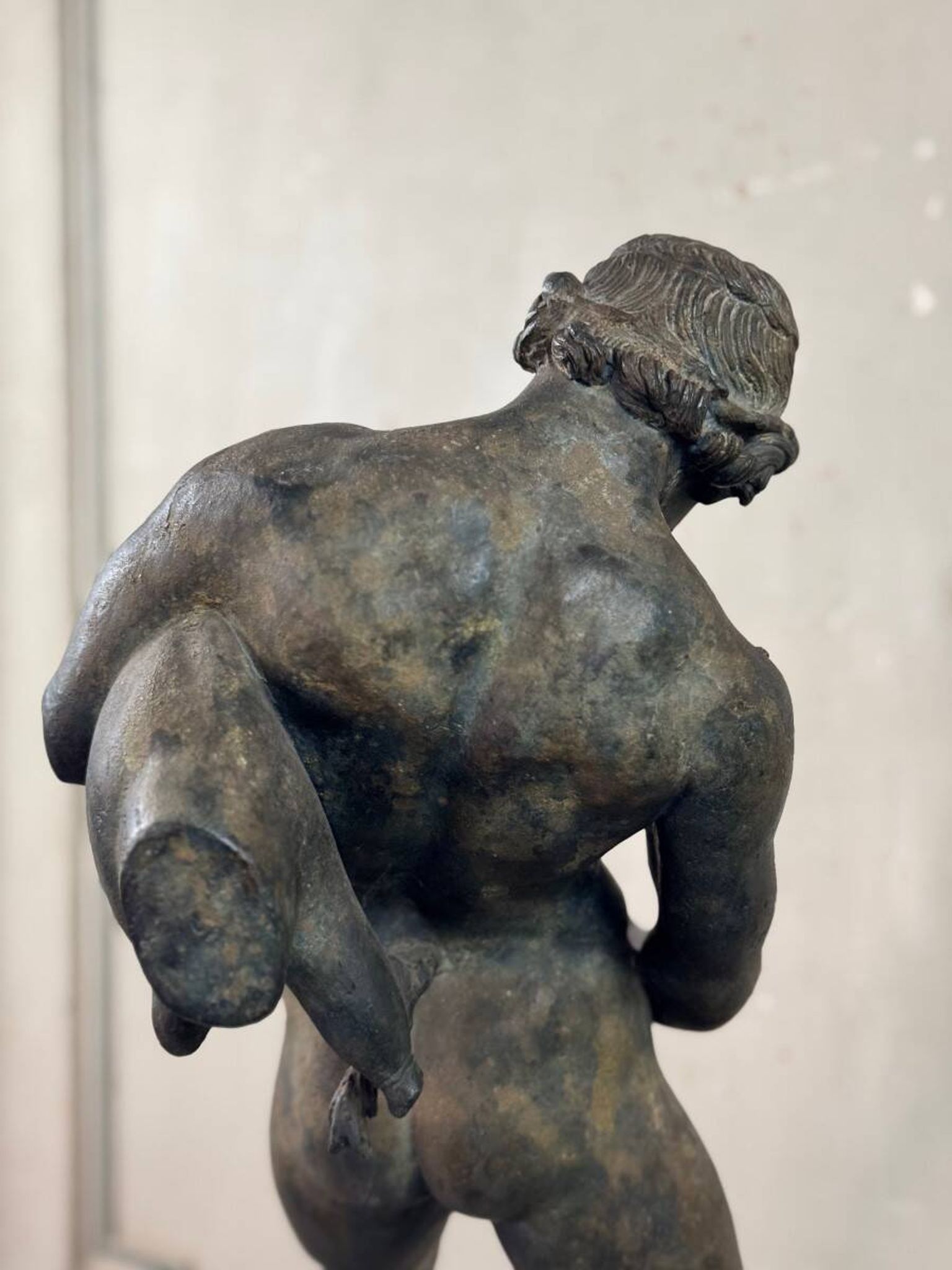 Faun with a Wineskin, Large Bronze Patina Excavated, Object from the Grand Tour, 19th Century