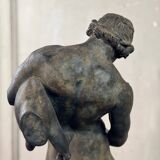 Faun with a Wineskin, Large Bronze Patina Excavated, Object from the Grand Tour, 19th Century