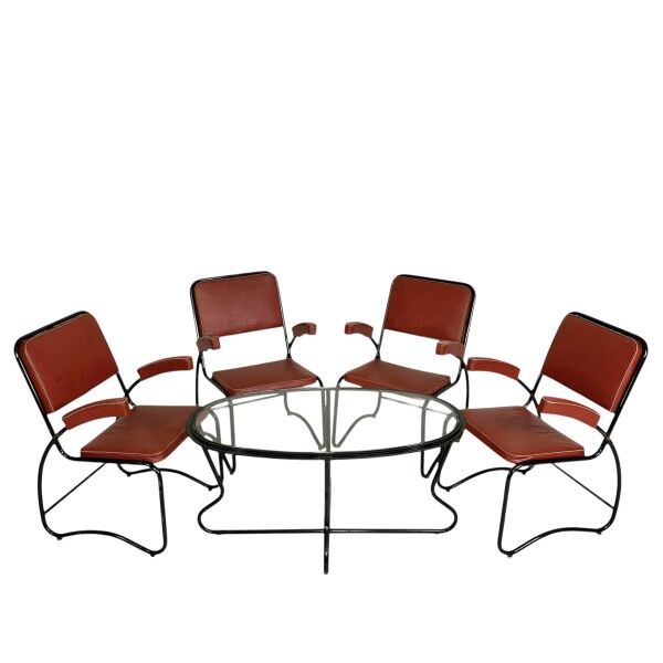Set of 4 armchairs and a coffee table with tubular structure in Bauhaus style, 1950s.