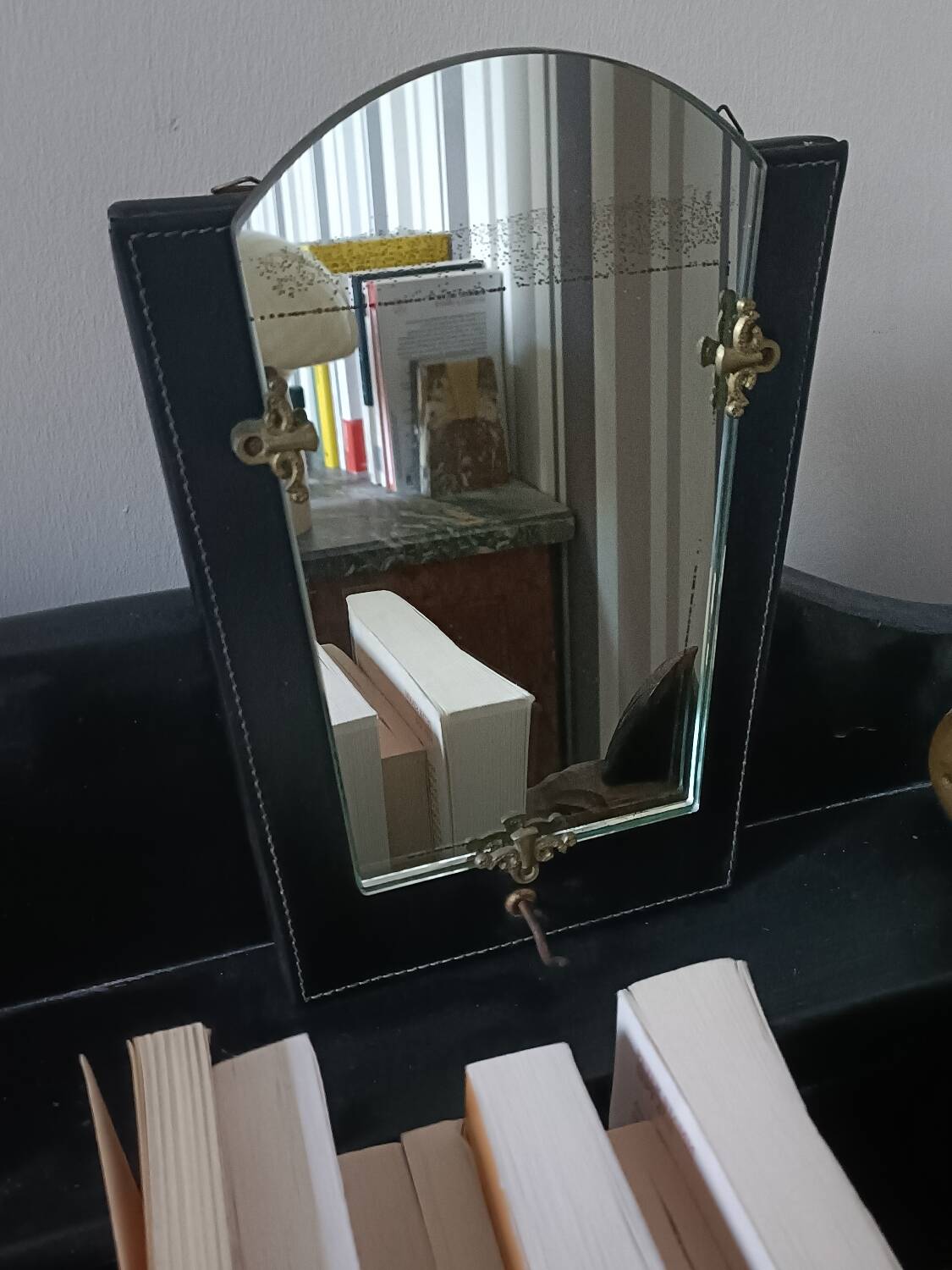 Art Deco leather and bronze mirror