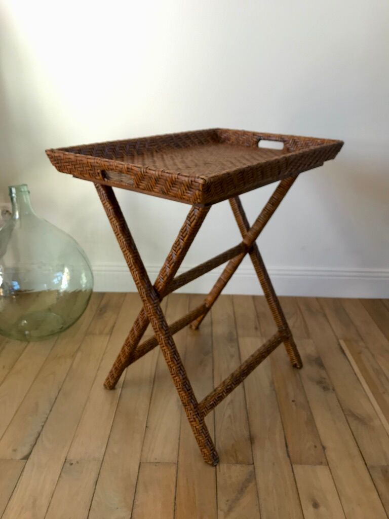 Rattan console exotic wood vintage removable tray 70s