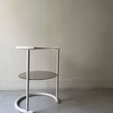 Tubular space age serving table in white metal and pink smoked glass, 1970s design