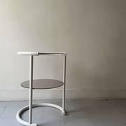 Tubular space age serving table in white metal and pink smoked glass, 1970s design