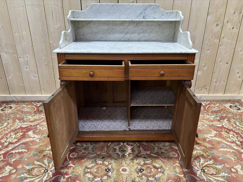 Meuble de toilette en noyer et marbre de carrare