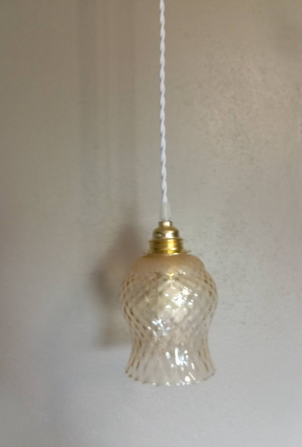 Vintage pendant light, textured amber and granite tulip glass, white twisted cord