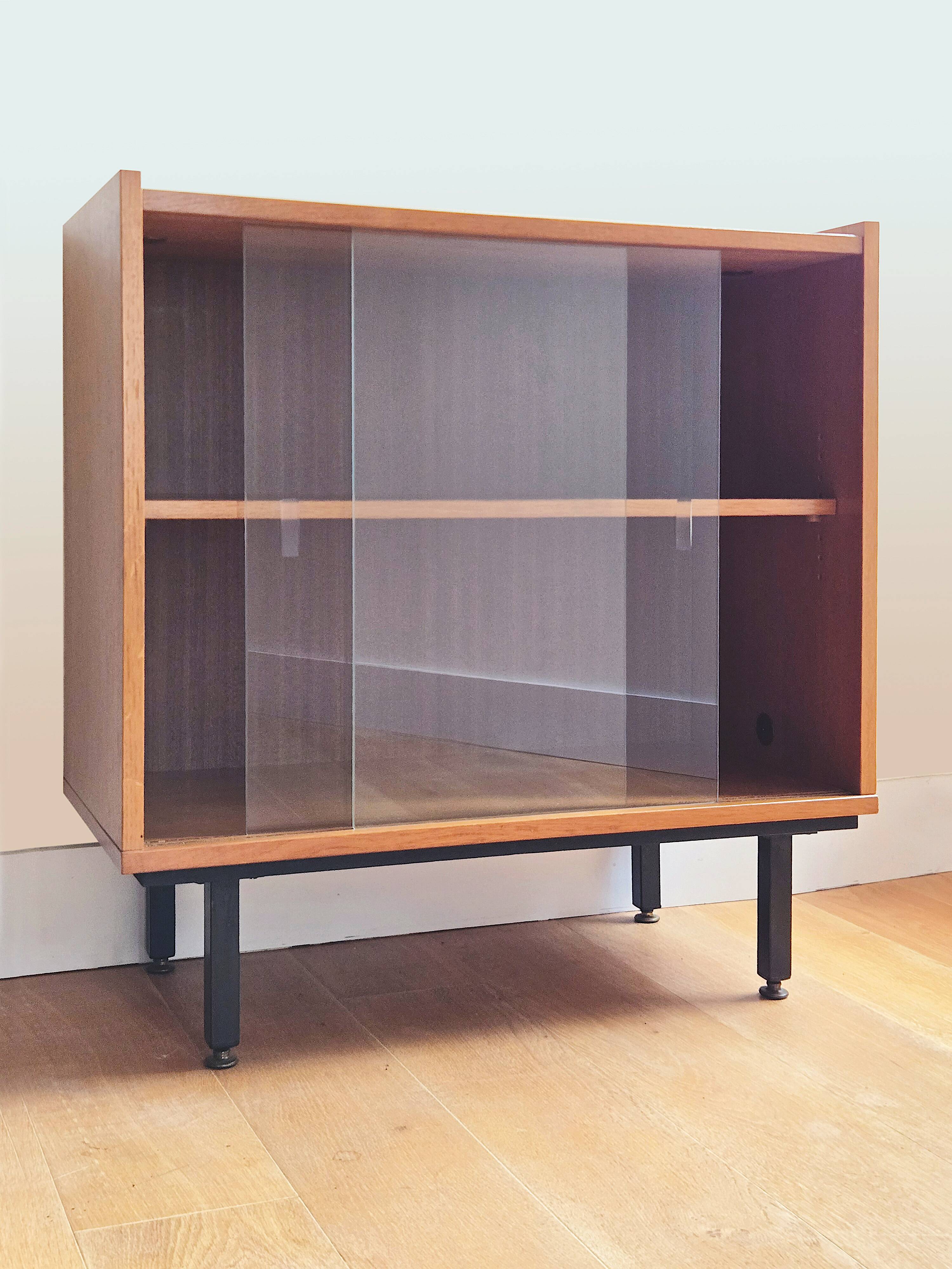 Low buffet or wooden display cabinet with sliding door - 1950s design