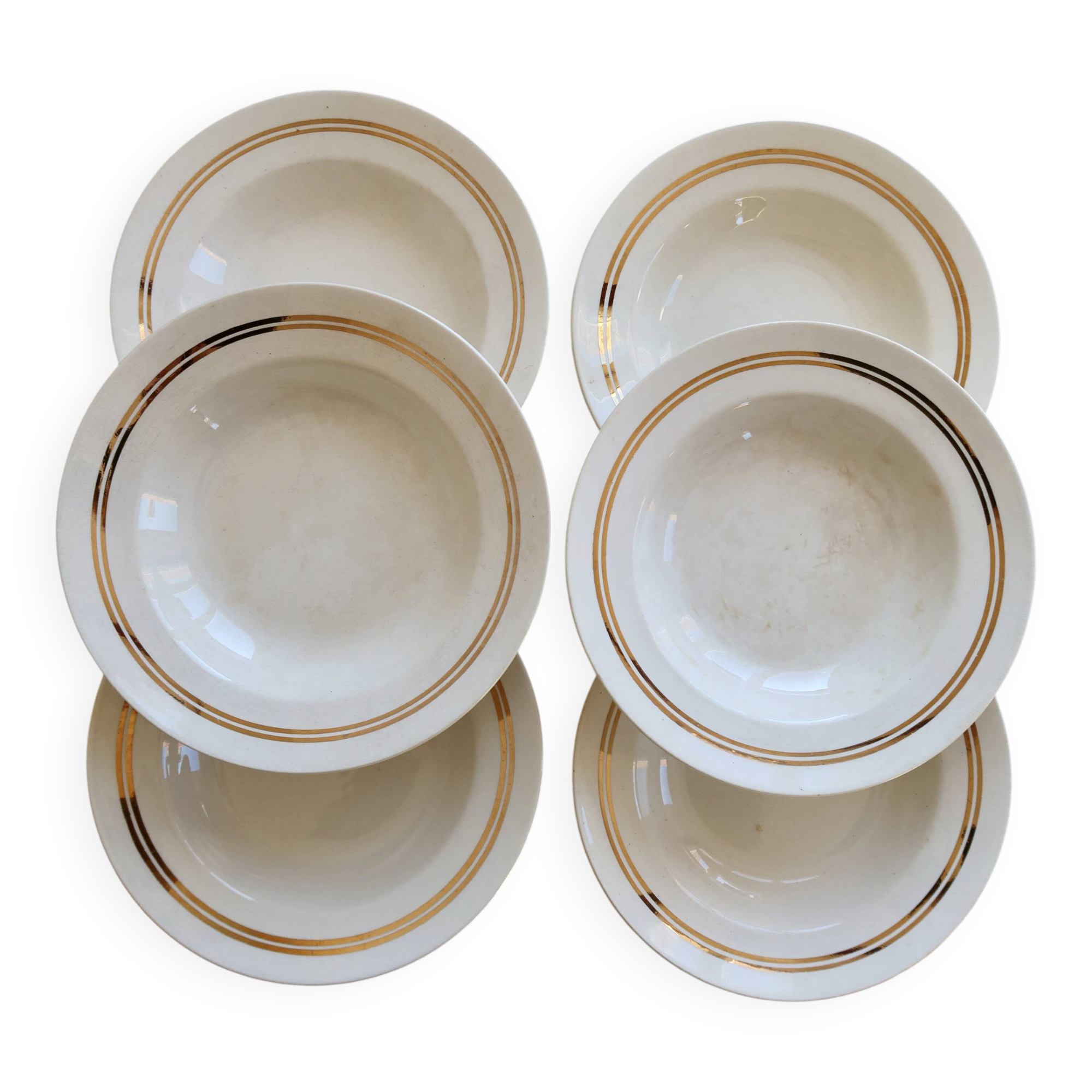 6 vintage ivory earthenware deep plates with double gold trim
