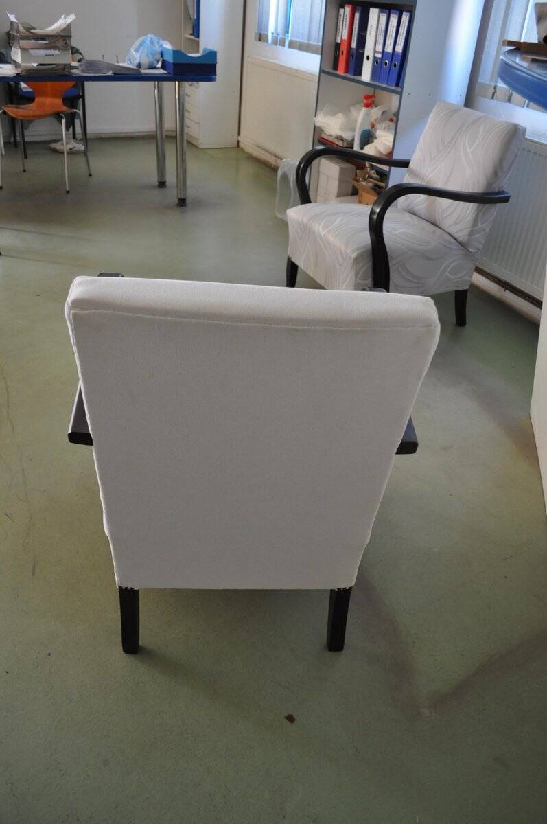 Ivory Art Deco armchair in fabric and dark wood, high back, 1920s-1930s.