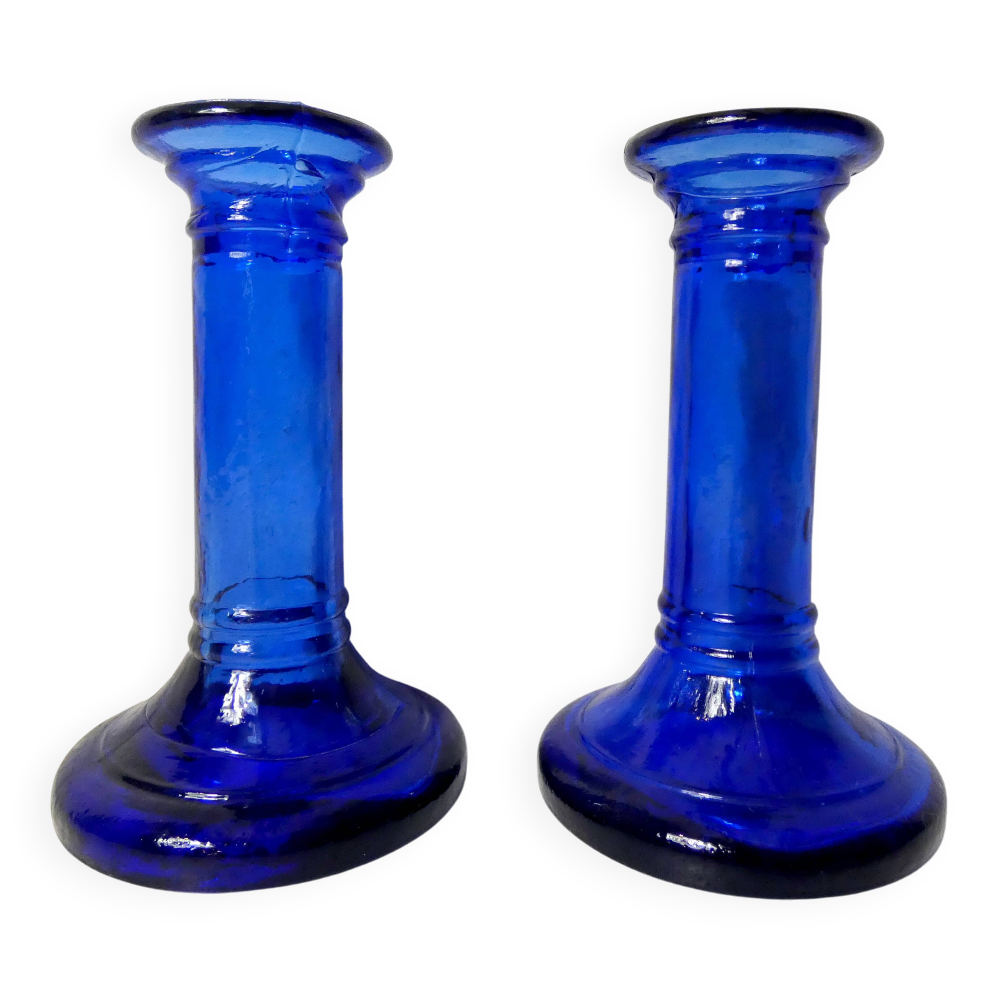 pair of vintage cobalt blue glass candlesticks