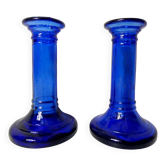 paire de bougeoirs en verre bleu cobalt vintage