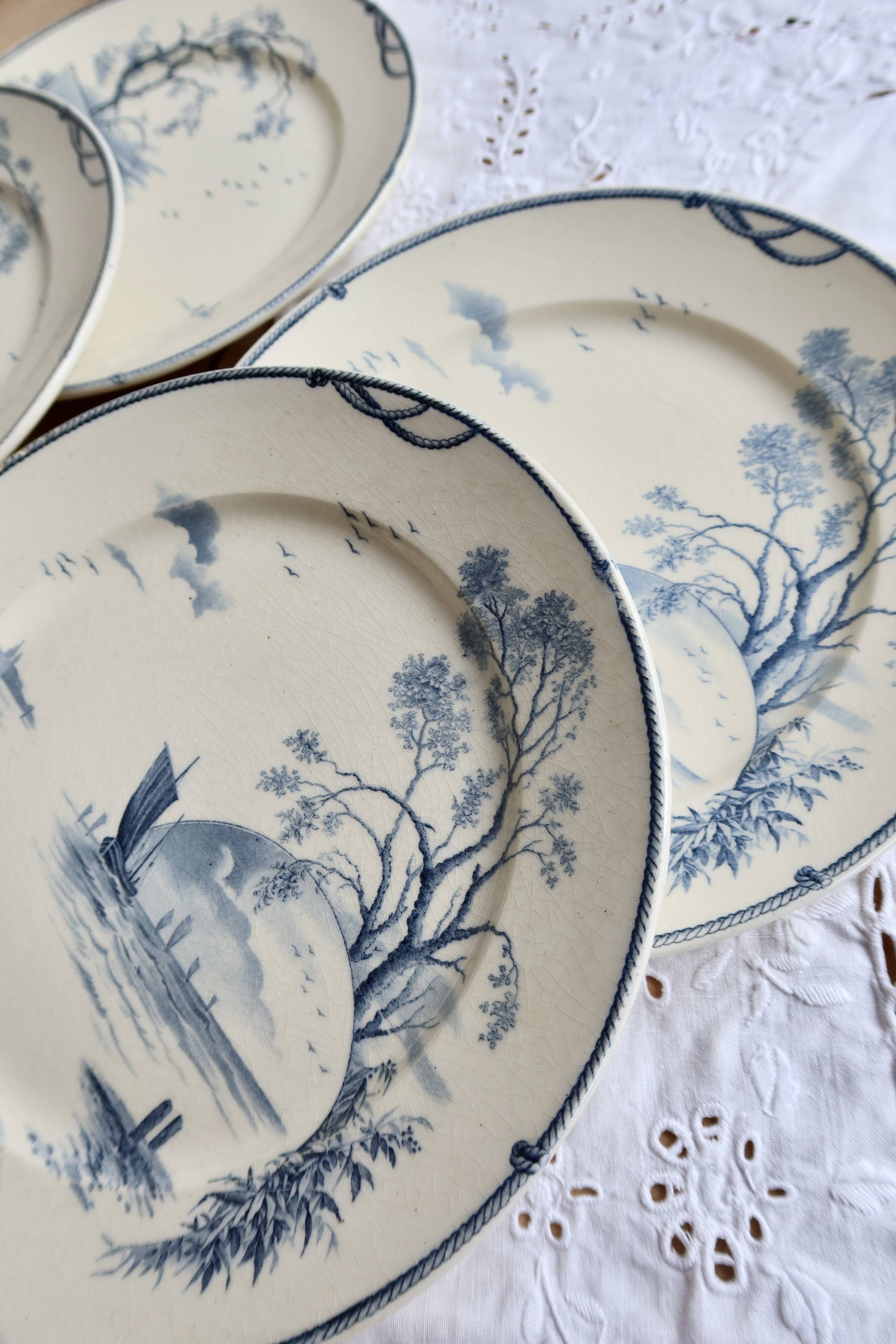 6 assiettes plates antiques Gien modèle Marines 1875