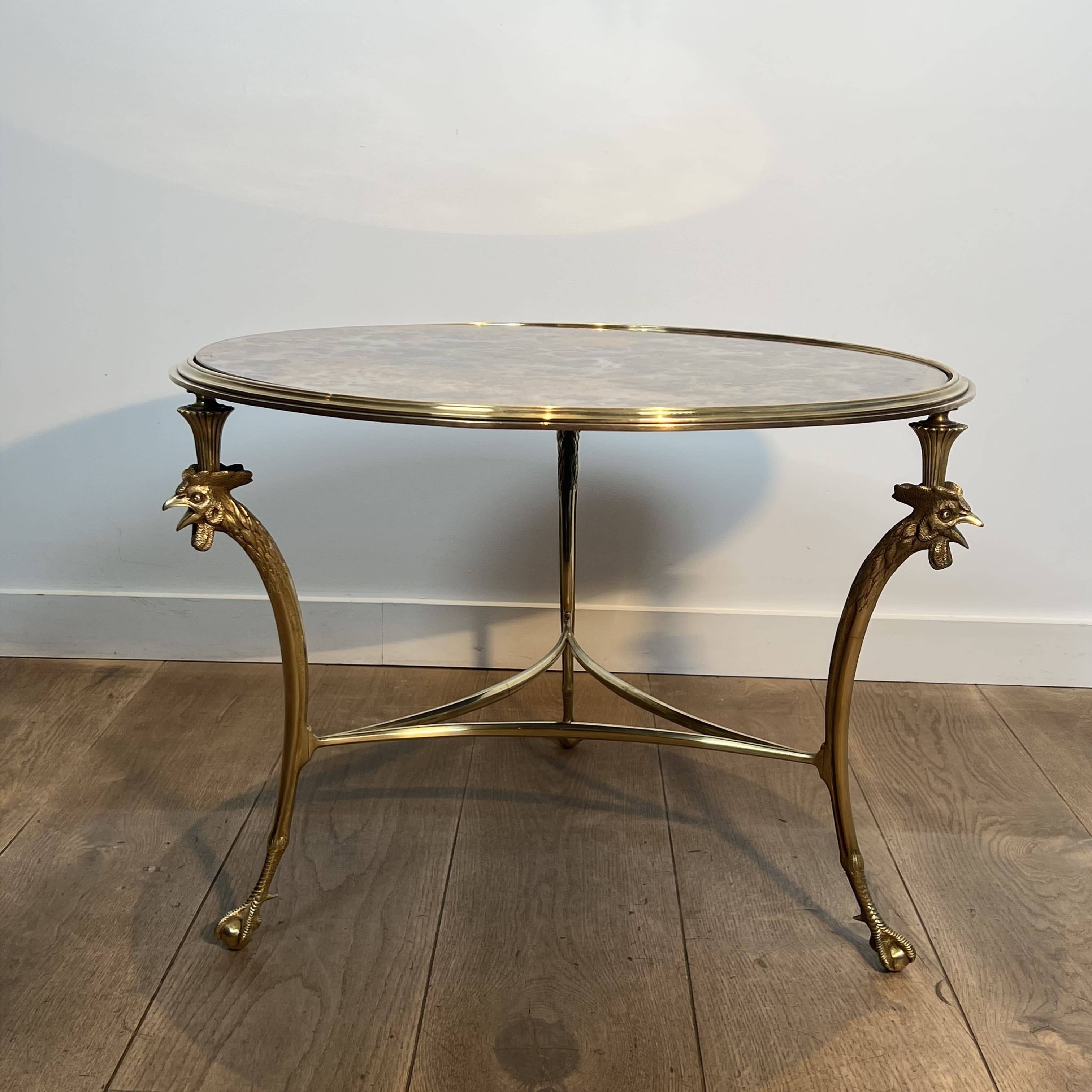 Tripod Circular Coffee Table "Aux Coqs" in Bronze and Églomisé Mirror, May