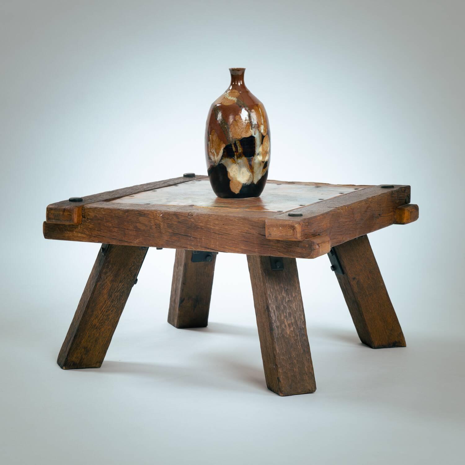 Brutalist copper and oak coffee or side table, 1970s