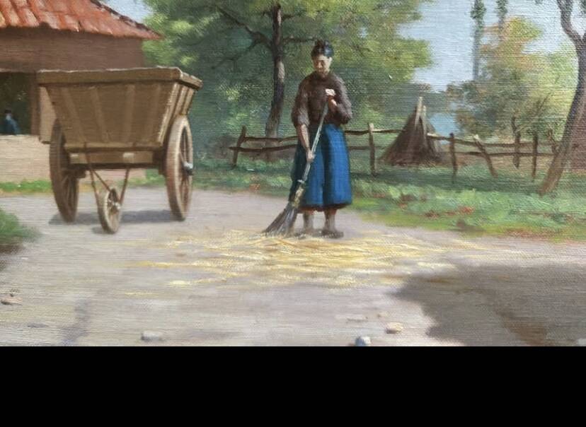 Antique oil painting, french barbizon school, wooden frame