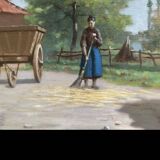 Antique oil painting, french barbizon school, wooden frame