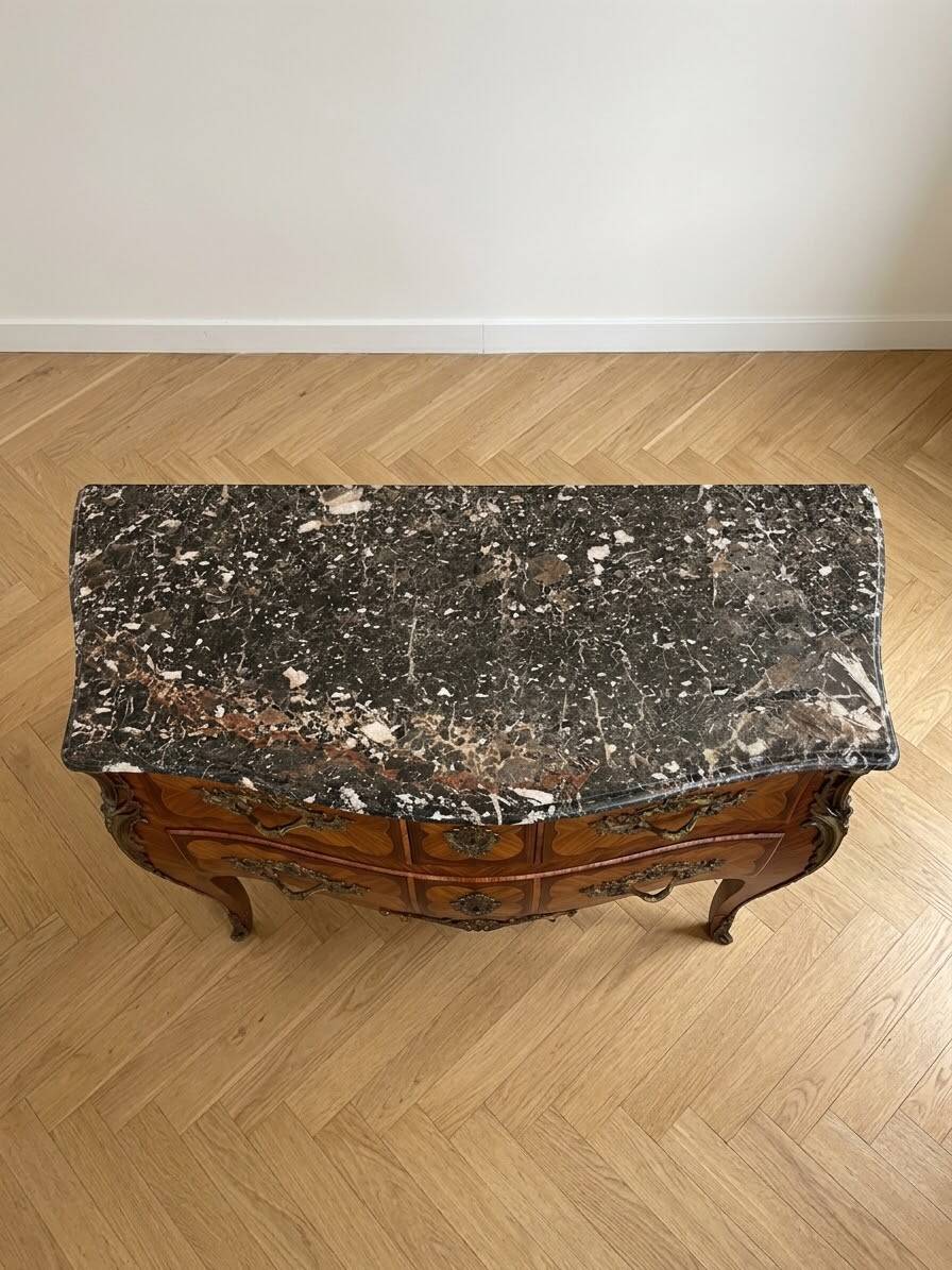 Curved Louis XV commode in rosewood and marble
