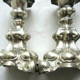 2 silver metal candlesticks, Louis XV style, 1900 era