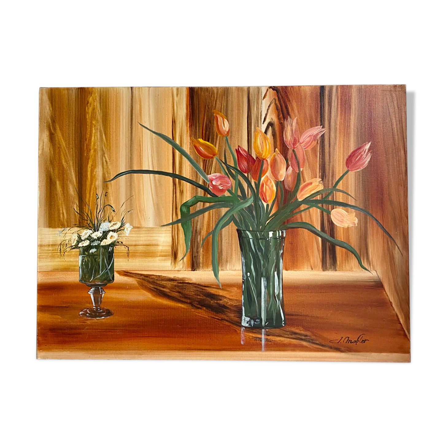 Ancient painting, still life with flowery vase and glass, signed,XX century