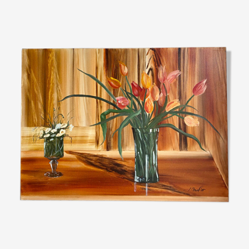 Ancient painting, still life with flowery vase and glass, signed,XX century