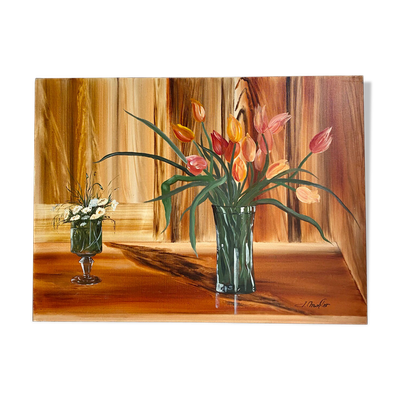 Tableau ancien, nature morte au vase et verre fleuris, signé,XX siècle