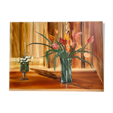 Tableau ancien, nature morte au vase et verre fleuris, signé,XX siècle