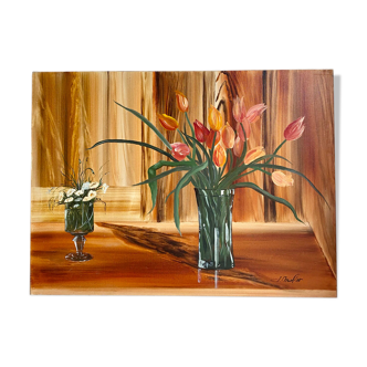 Ancient painting, still life with flowery vase and glass, signed,XX century