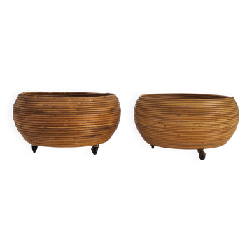 Pair of Italian mid-century pencil-reed rattan planters attributed to Vivai Del Sud