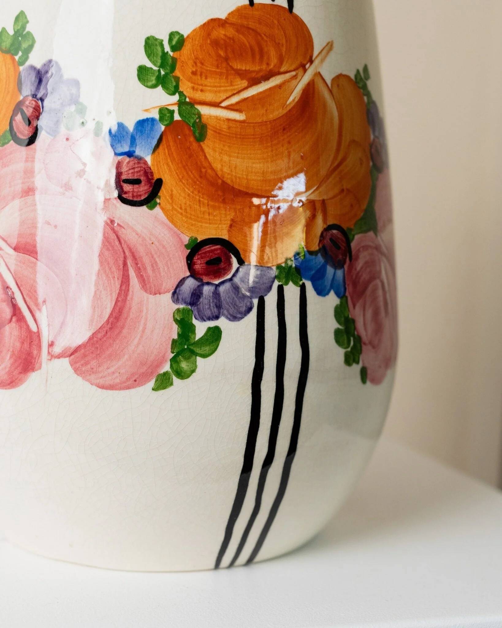 XL ceramic vase Zeh Scherzer - flower and stripe pattern - bulbous shape - hand-painted - Mid-Century design from the 70s