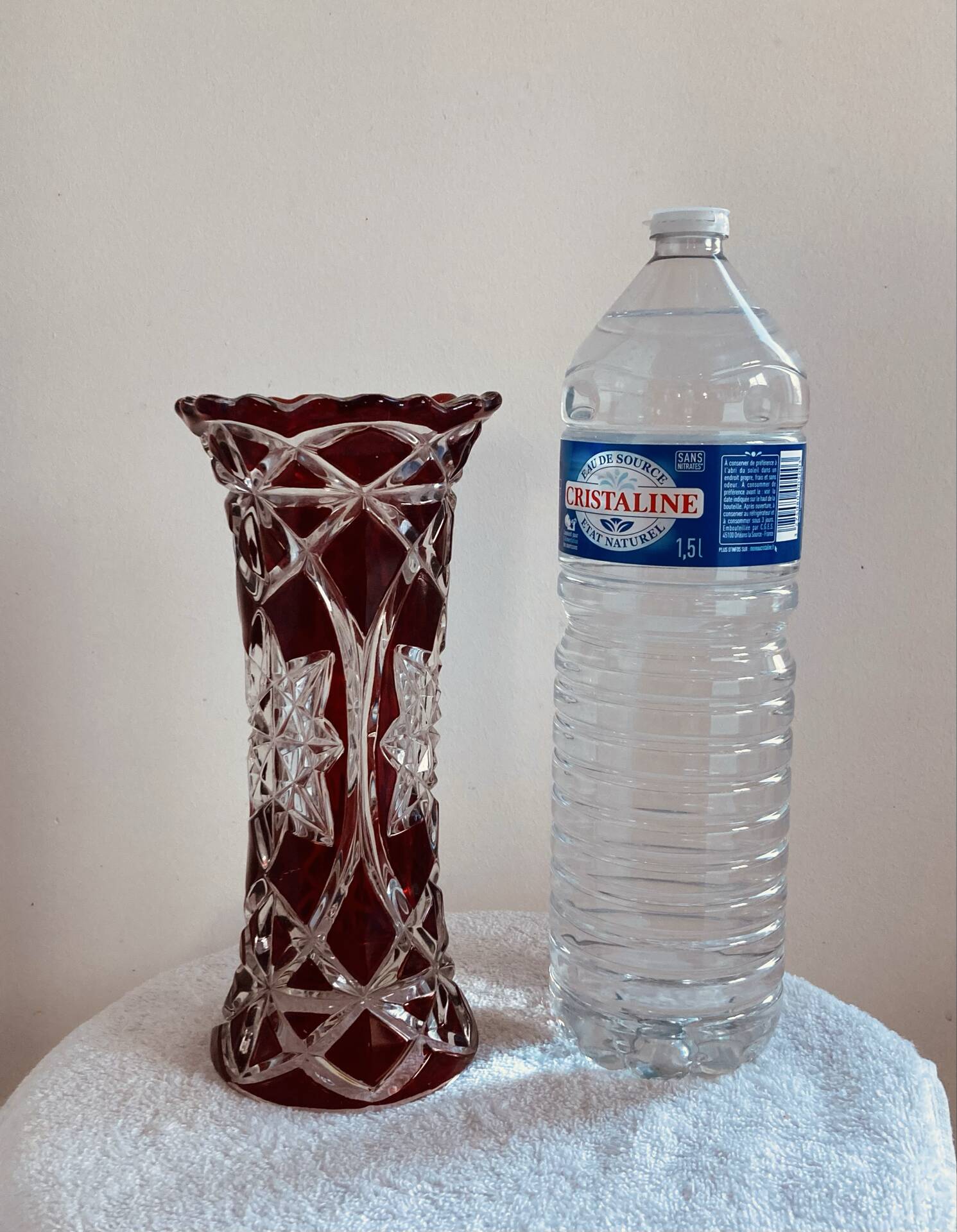 Antique bohemian crystal vase from the mid-20th century in bacara style.