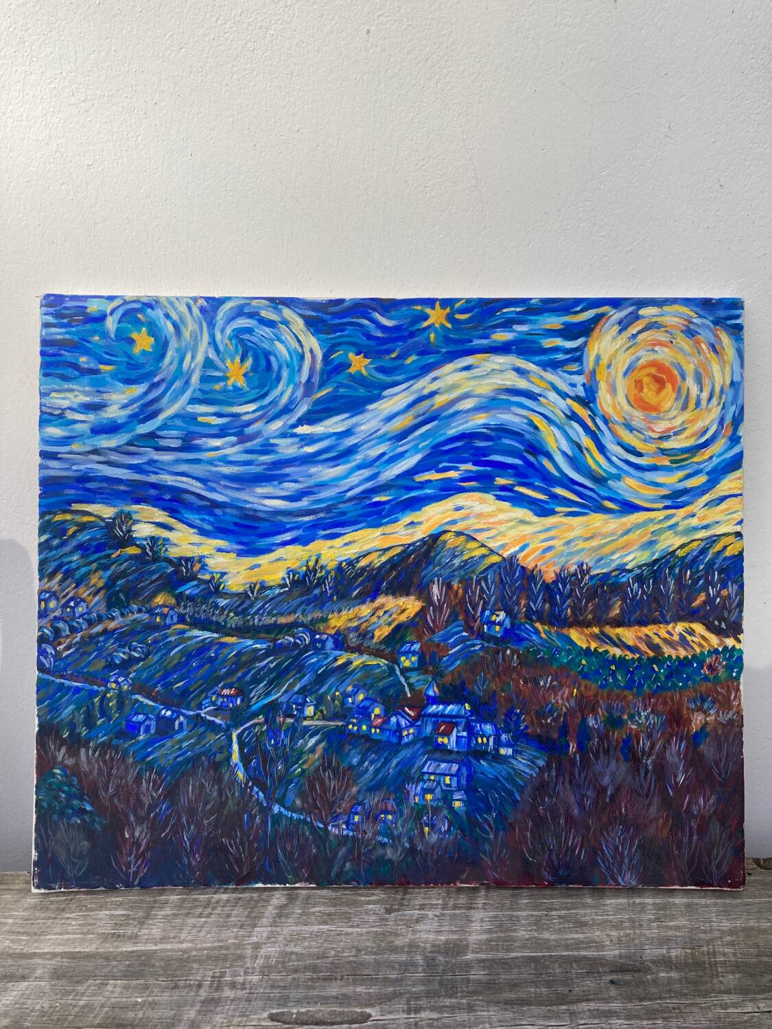 Starry night landscape painting oil on canvas