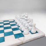 1970s Gorgeous Turquoise and White Chess Set in Volterra Alabaster Handmade Made in Italy