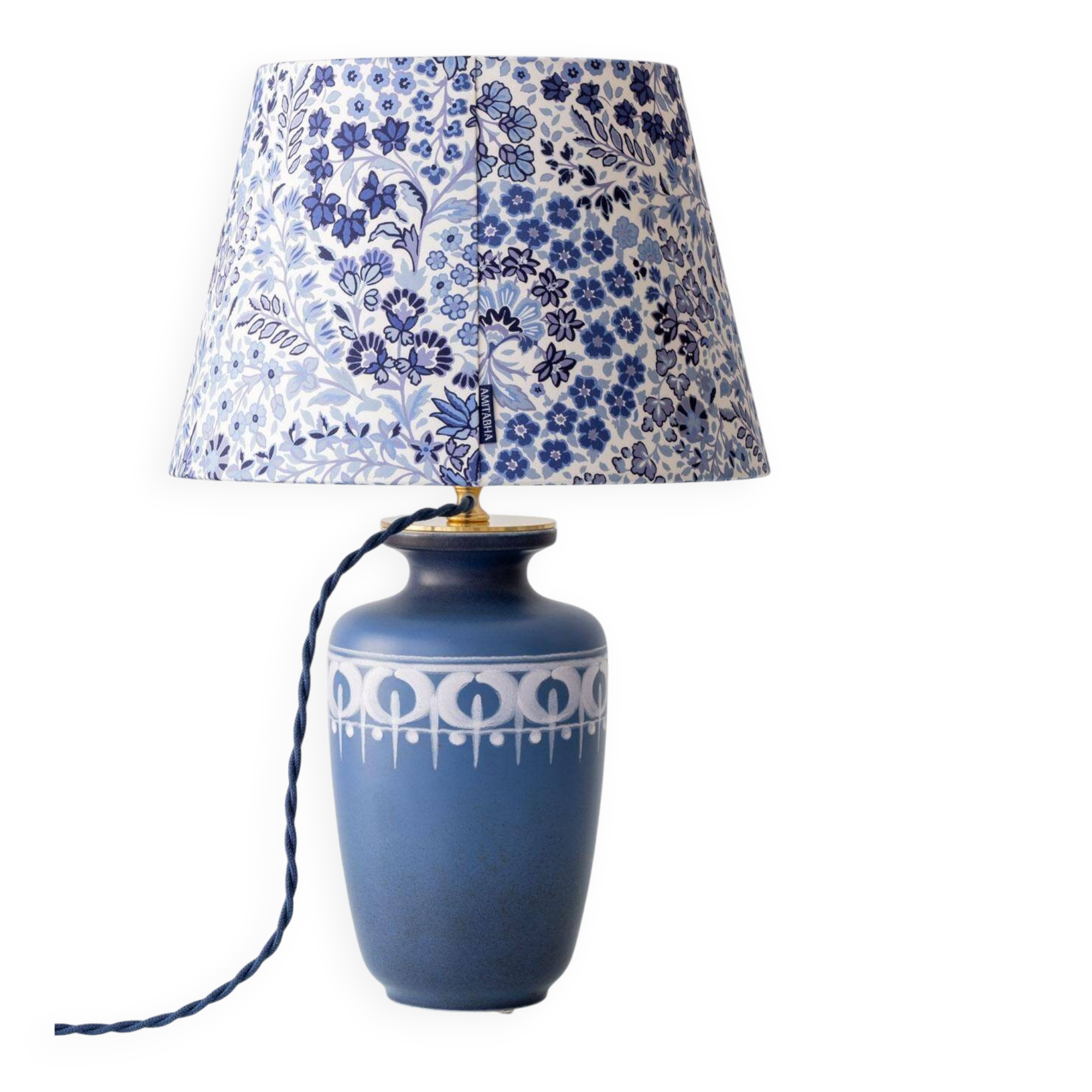 Dutch blue and white ceramic table lamp, 1977, with a new Liberty London shade.
