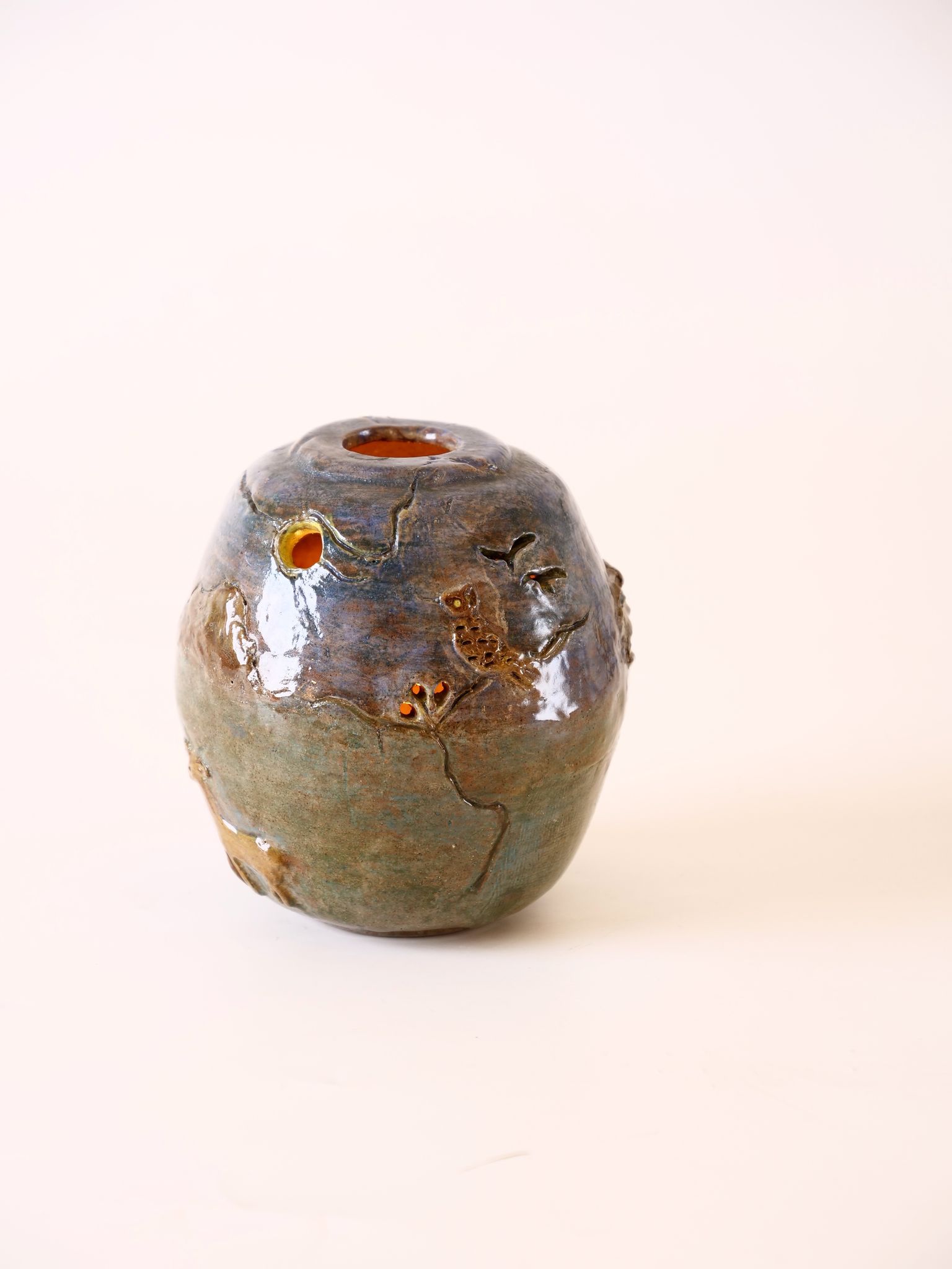 Terracotta photophore scenette owl in the moonlight
