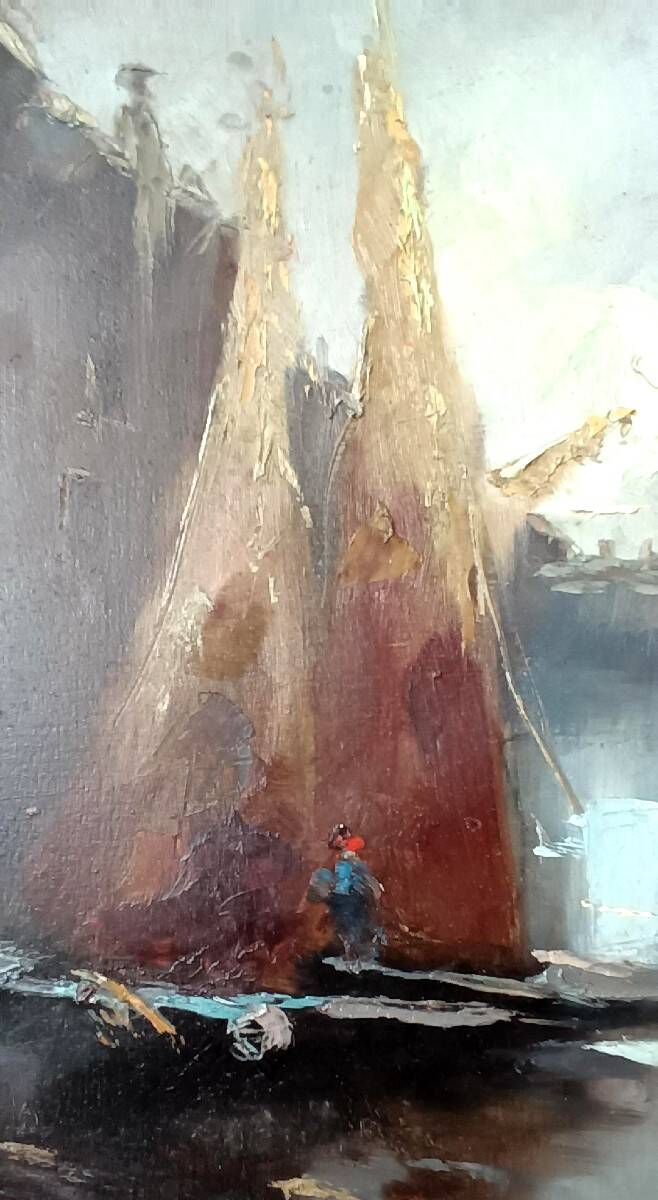 Old oil painting on panel, late 19th century - Boats - signed - Antique frame