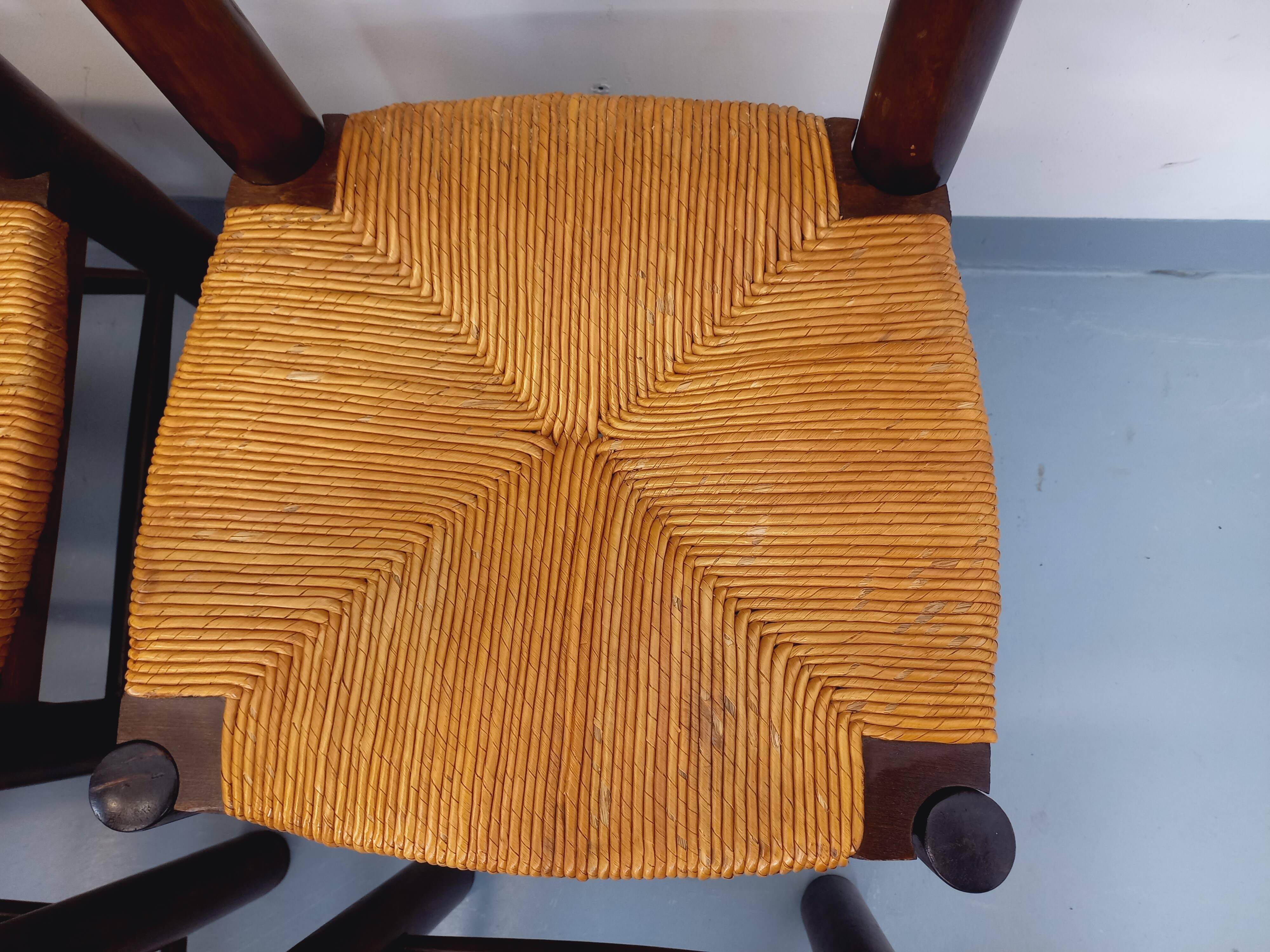 Set of 6 vintage brutalist chairs by Georges Robert in straw wood from the 1960s.
