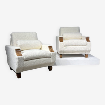 Paire de fauteuils Art Déco en bouclette blanche