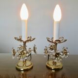 Paire de lampes fleurs , Hollywood Regency, cristal et laiton doré, 1970