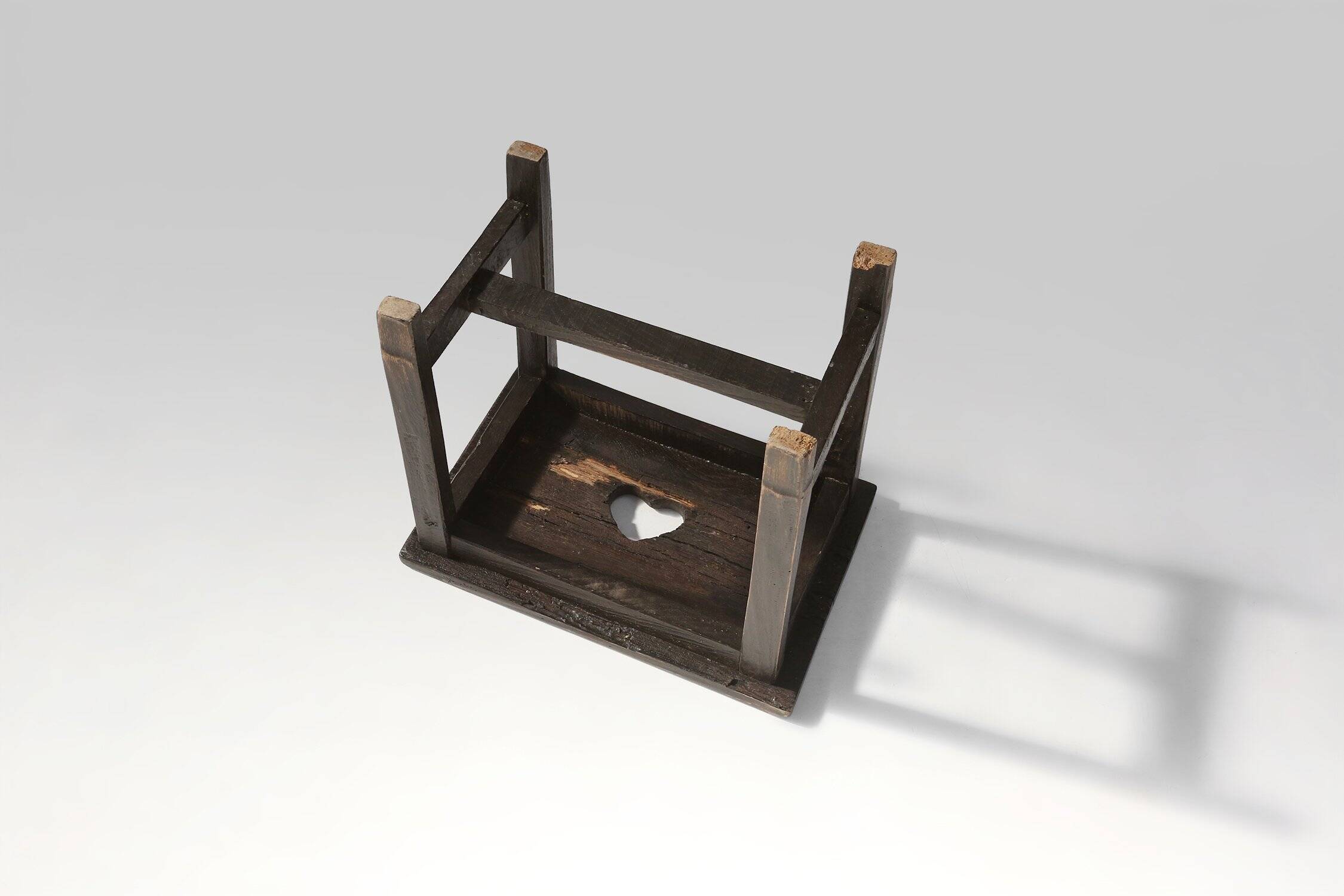 Rustic Handcrafted Black Wooden Stool, France 1920s