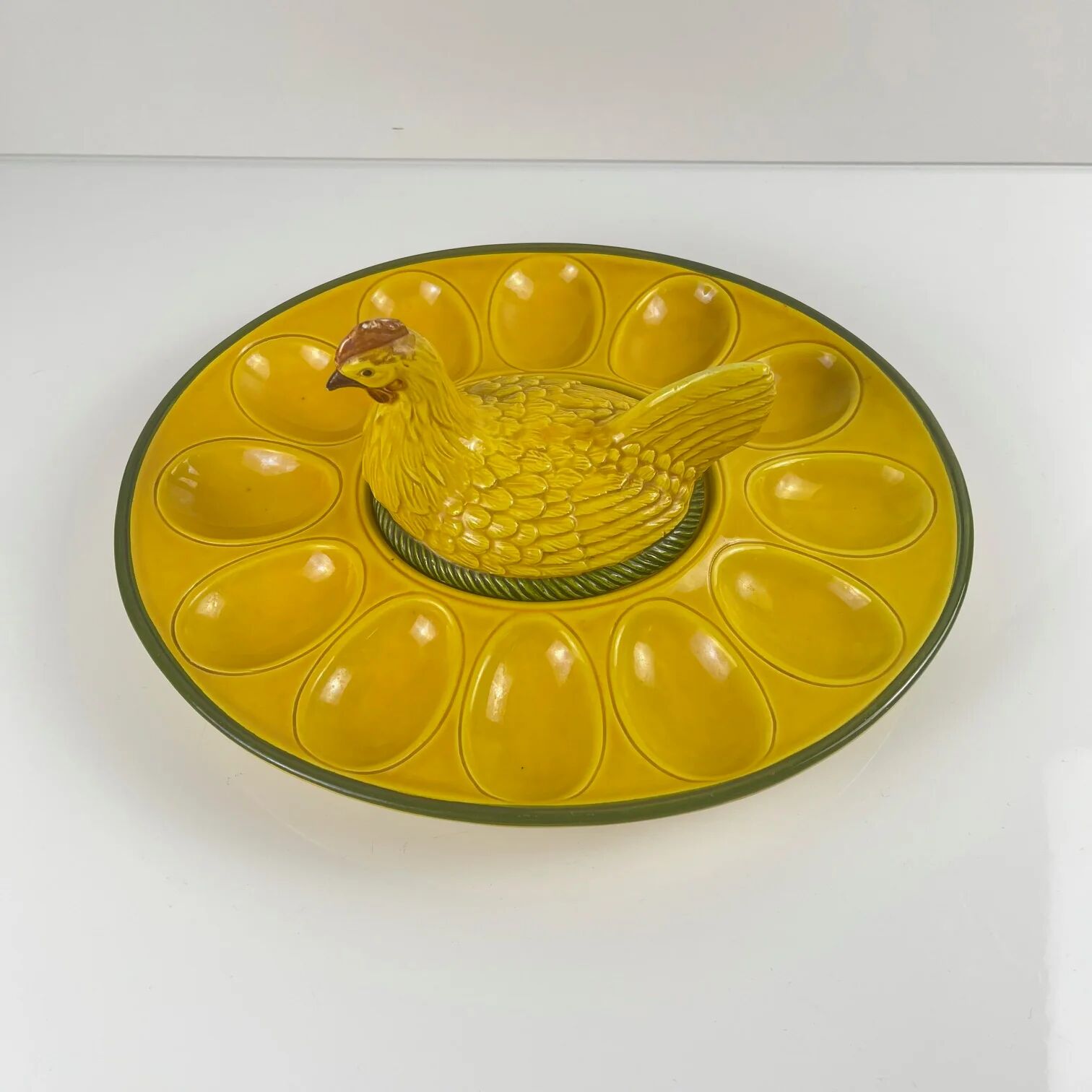 Ceramic yellow egg plate/display with hen, 20th century