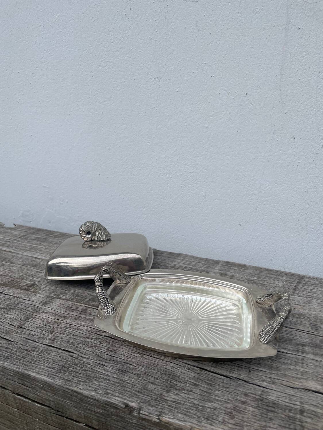 Silver metal pompom butter dish