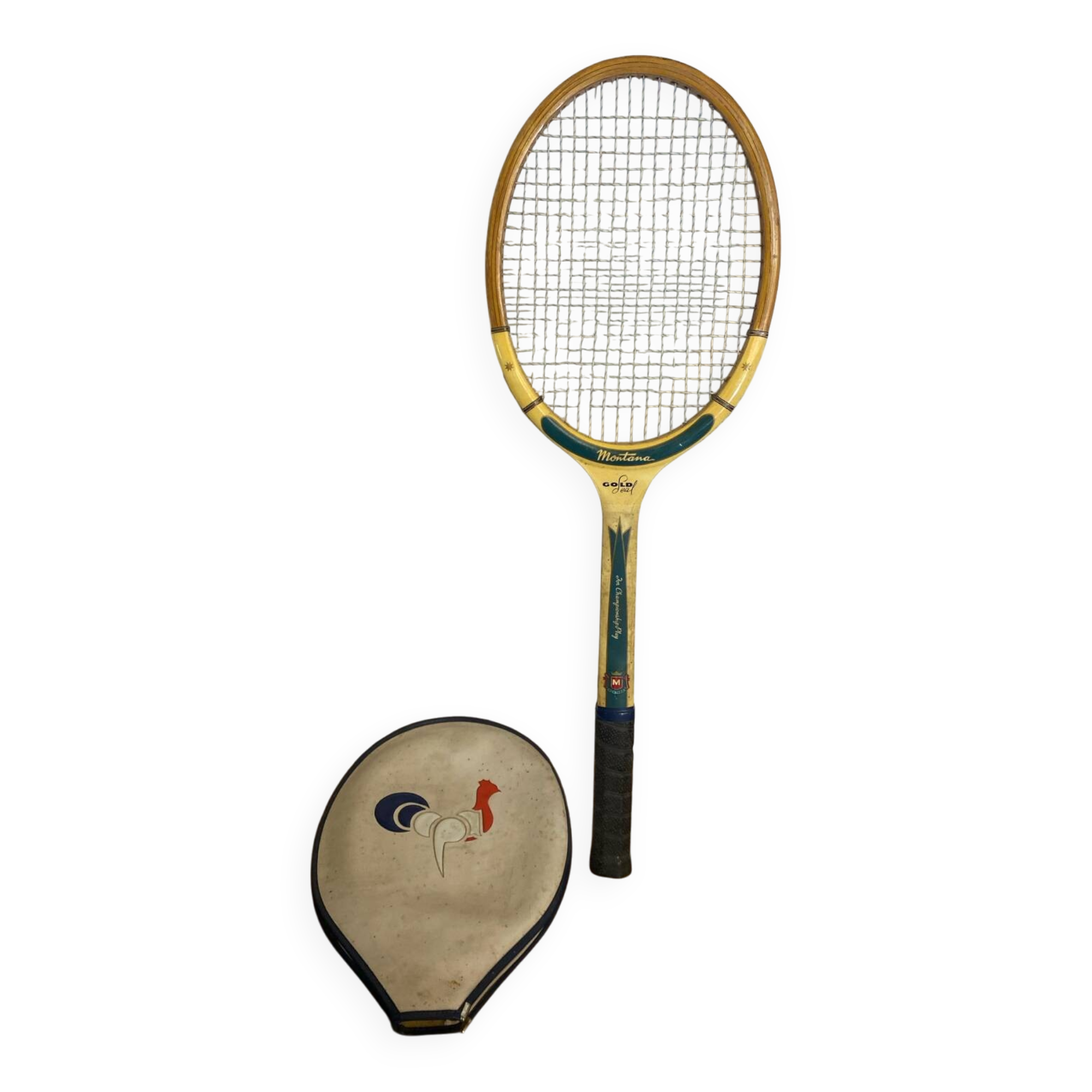 Vintage Montana Gold Seal Wooden Tennis Racket + Rooster Sporting Case