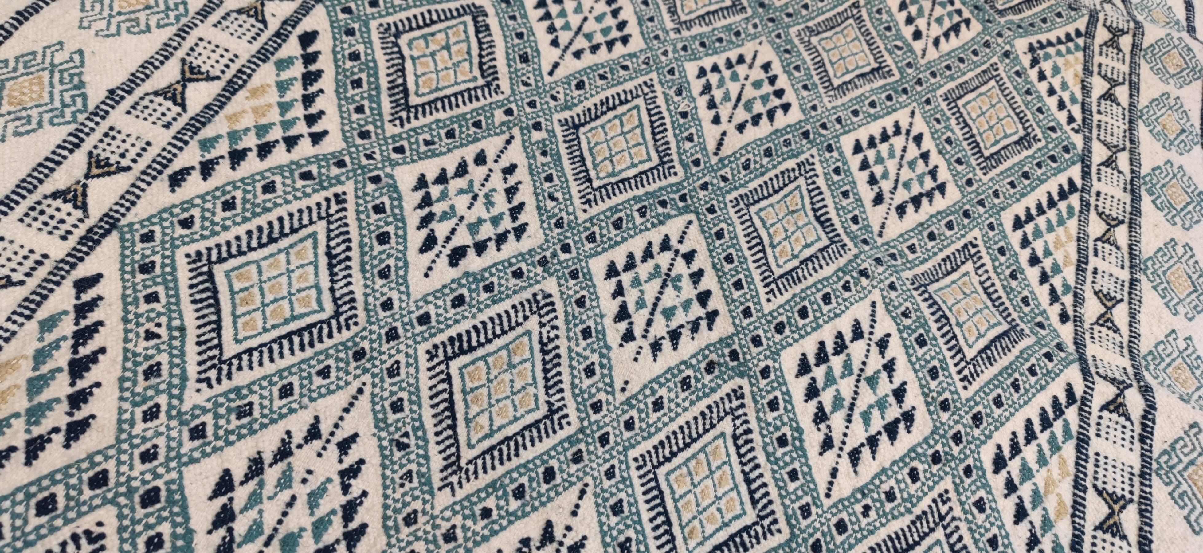 Handmade white blue and beige margoum rug