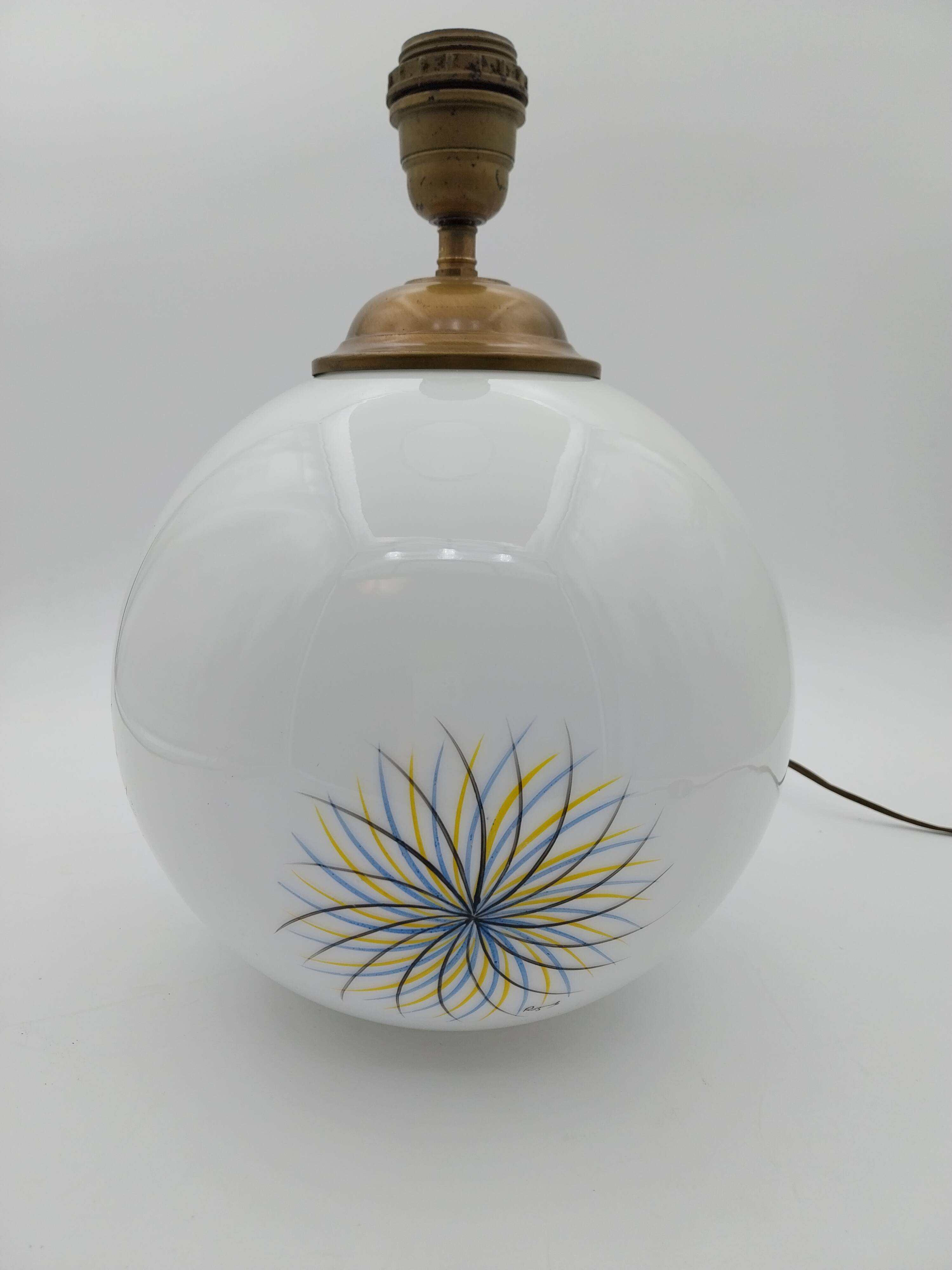 Hand-painted opaline ball lamp signed 1970s