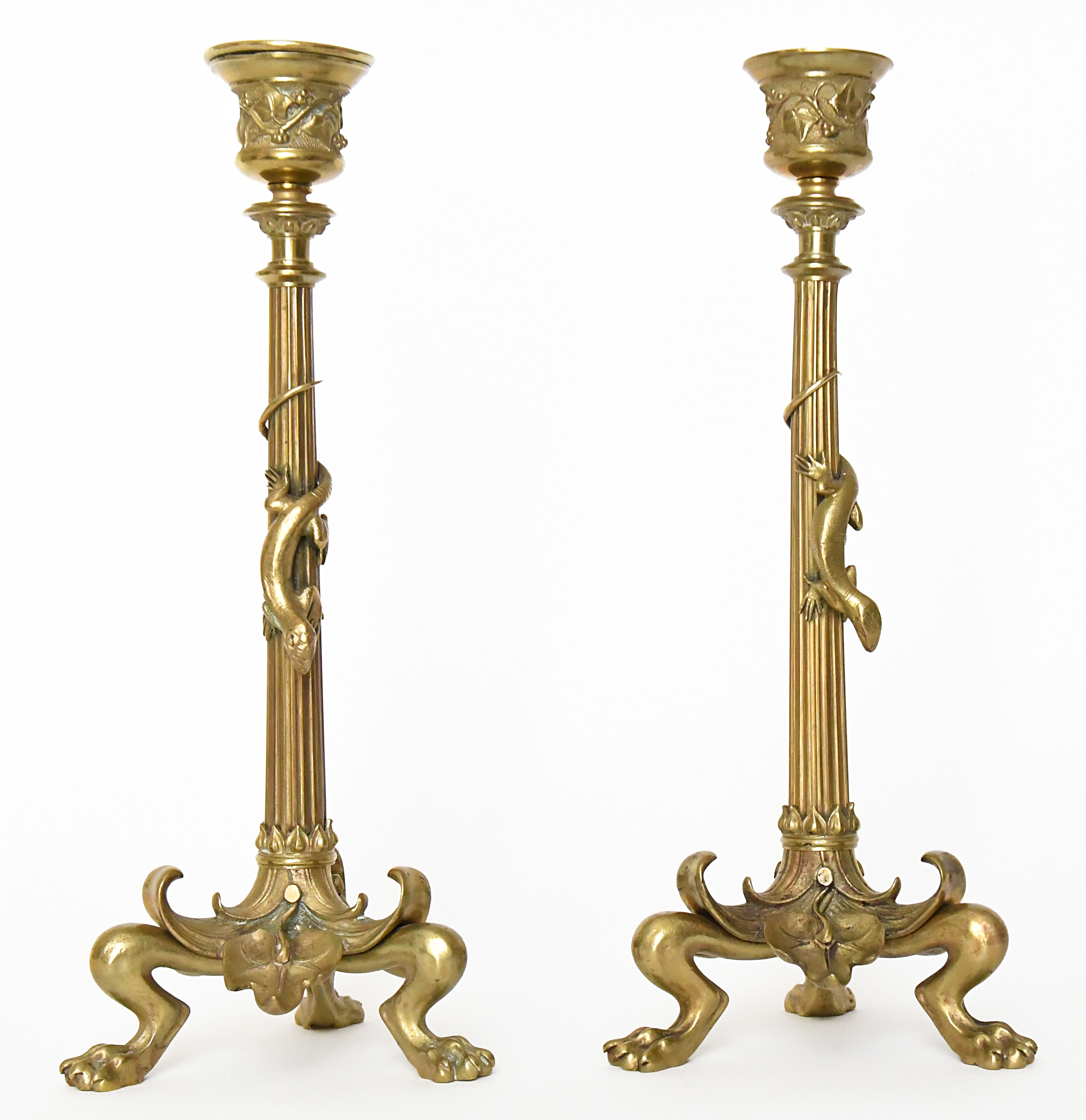 Pair of gilded bronze candlesticks decorated with lizards
