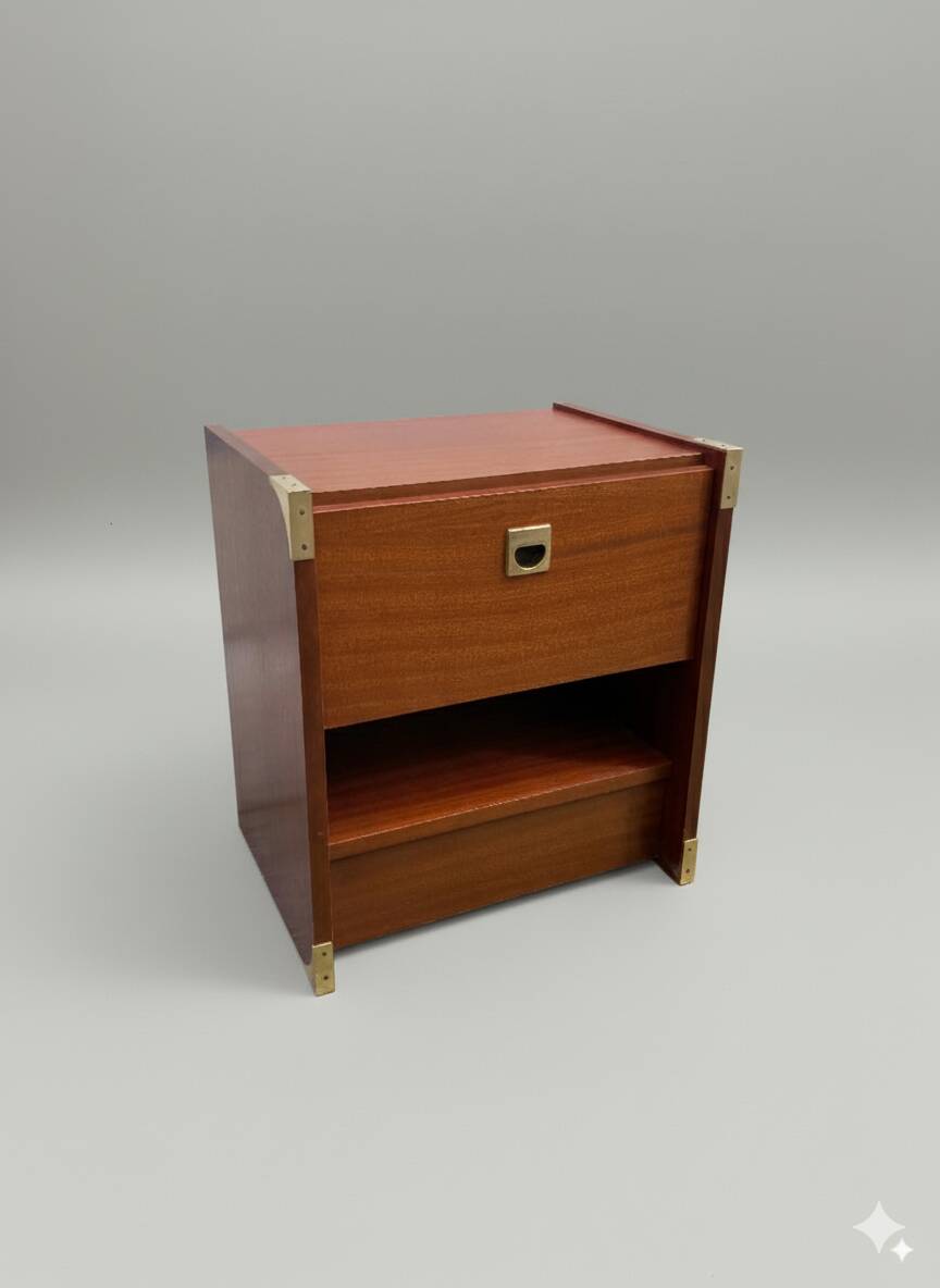 Modernist bedside table from the 1960s–70s with brass fittings