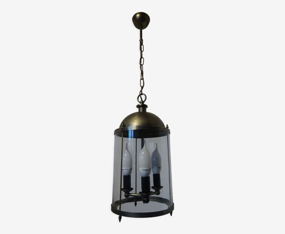 Suspension type calèche en laiton vieilli et verre