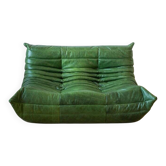 Dubai green leather Togo two-seater sofa by Michel Ducaroy for Ligne Roset