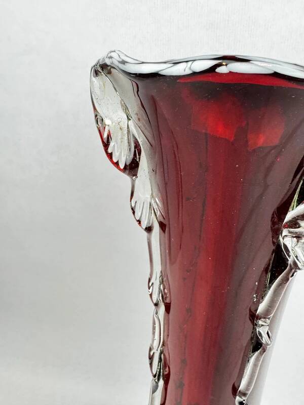 Ruby red glass vase 50 cm with clear Murano style applied decoration