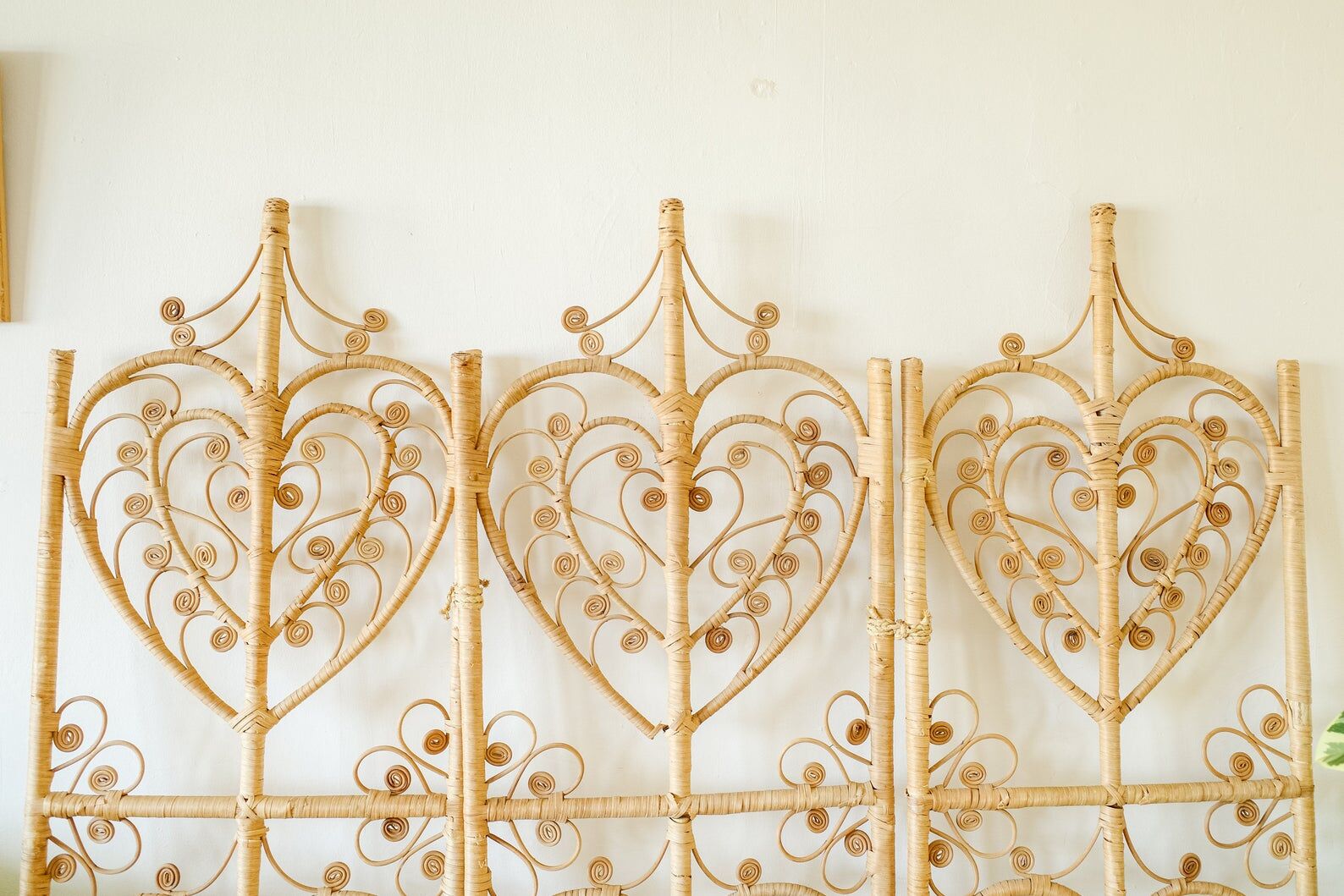 Bamboo wicker 1970s heart design 3 panel room divider